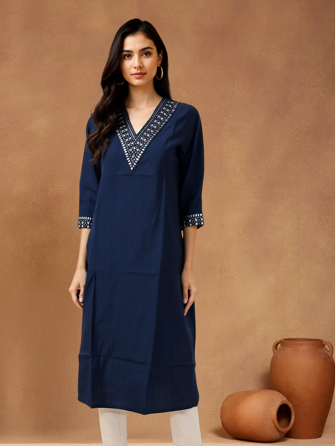 Picture of Elegant Mirror Work Straight V-Neck Kurta